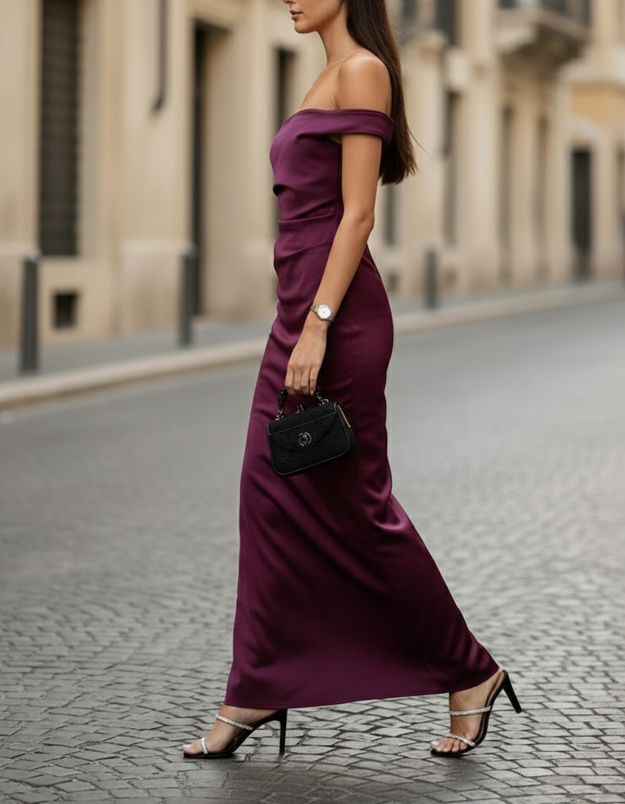 Olivia Bennet | Off-Shoulder Ruched Satin Maxi Dress