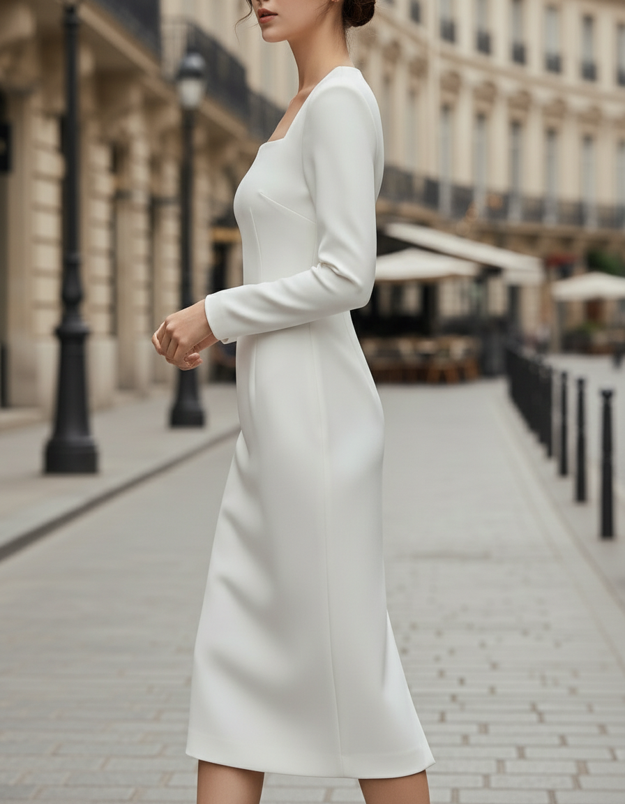 Olivia Bennet | Black Square-Neck Structured Midi Dress