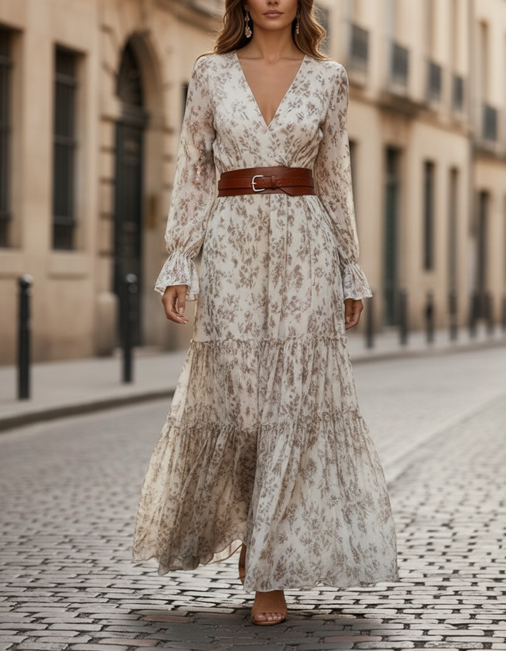 Olivia Bennet | Ivory Floral Print Belted Waist Chiffon Maxi Dress