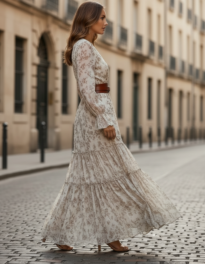 Olivia Bennet | Ivory Floral Print Belted Waist Chiffon Maxi Dress