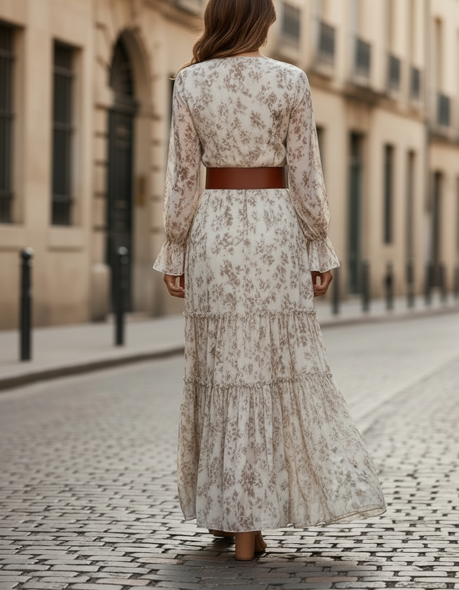 Olivia Bennet | Ivory Floral Print Belted Waist Chiffon Maxi Dress