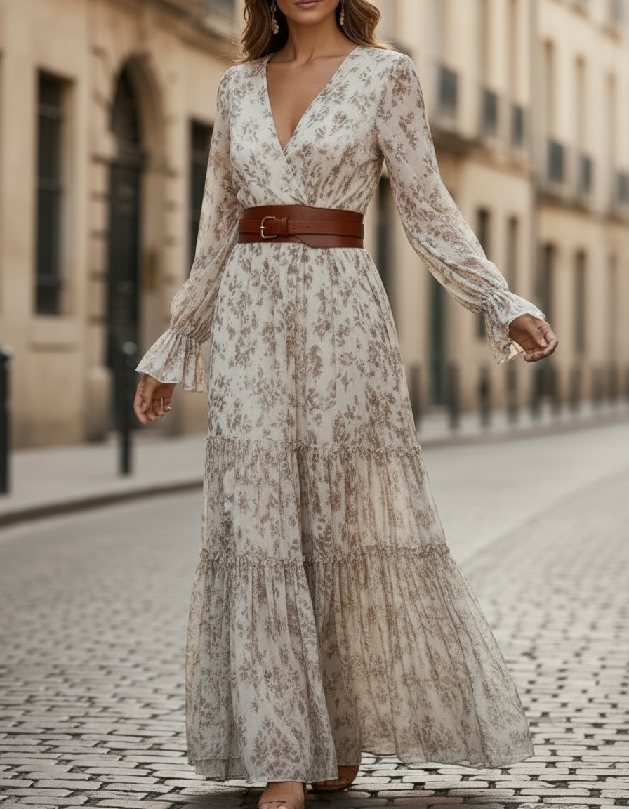Olivia Bennet | Ivory Floral Print Belted Waist Chiffon Maxi Dress