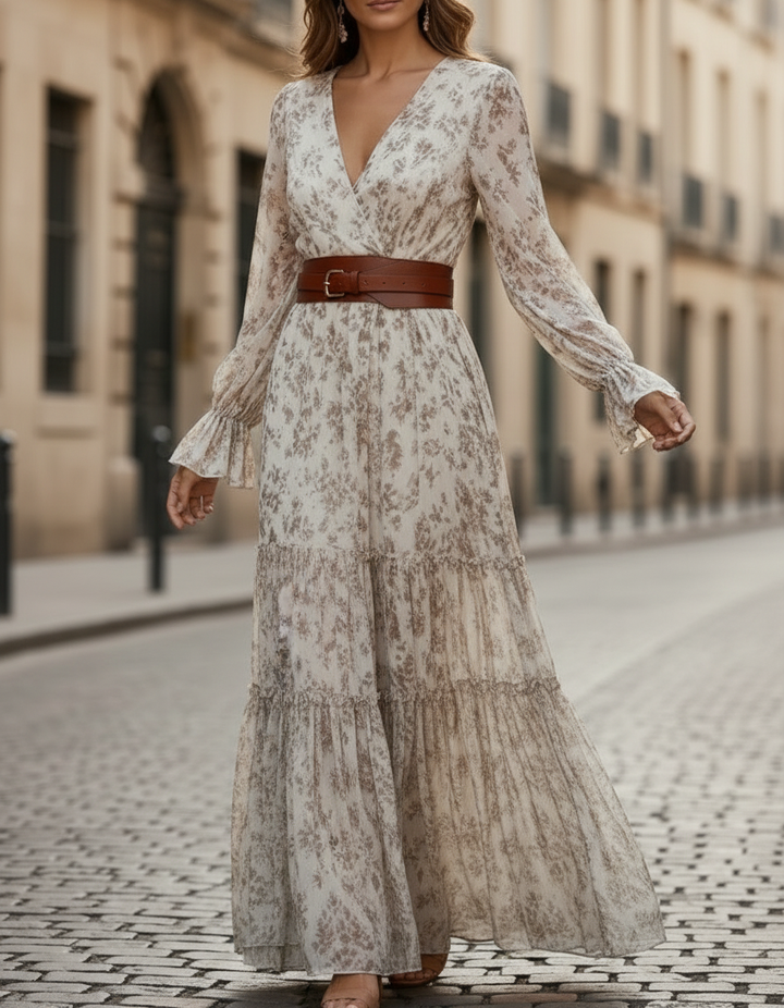 Olivia Bennet | Ivory Floral Print Belted Waist Chiffon Maxi Dress