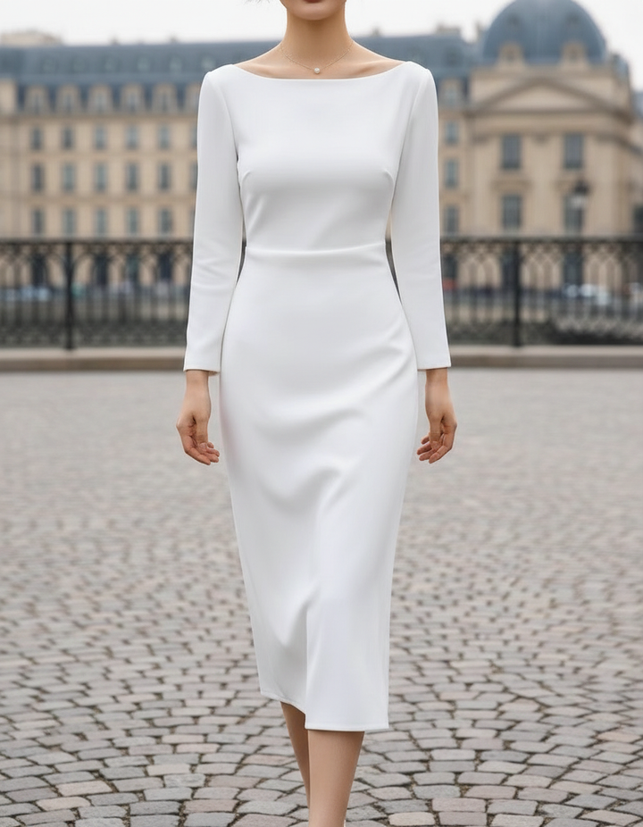 Olivia Bennet | Ivory Boat-Neck Long-Sleeve Crepe Midi Dress