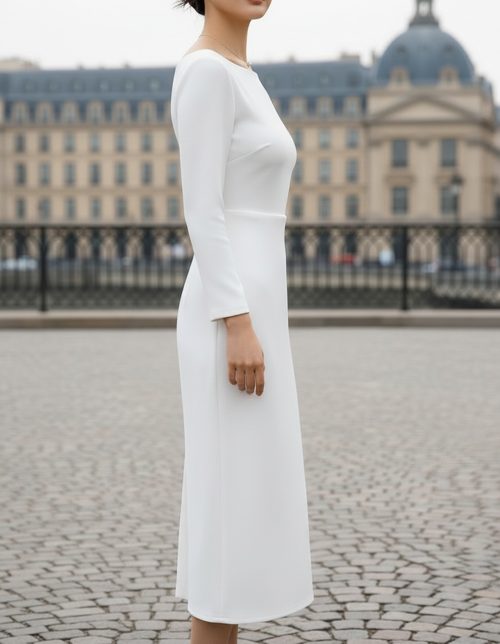 Olivia Bennet | Ivory Boat-Neck Long-Sleeve Crepe Midi Dress