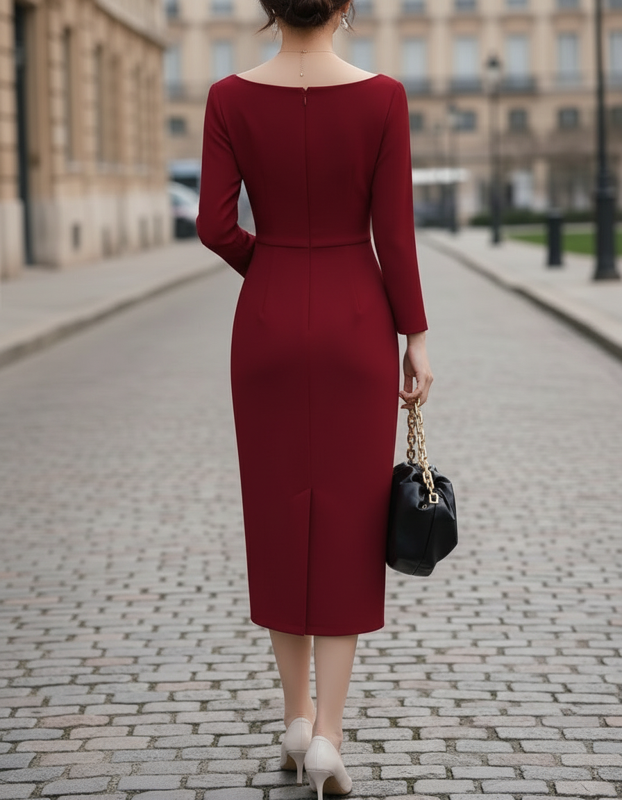 Olivia Bennet | Ivory Boat-Neck Long-Sleeve Crepe Midi Dress