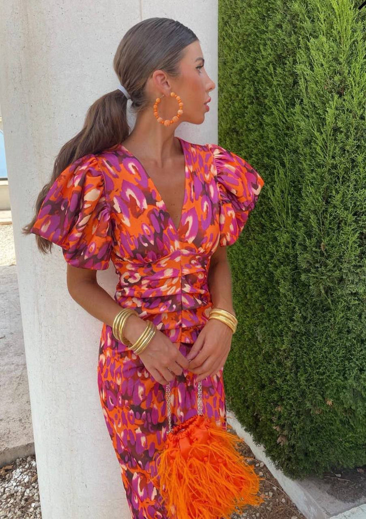 Women’s Summer Printed Puff Sleeve Midi Dress