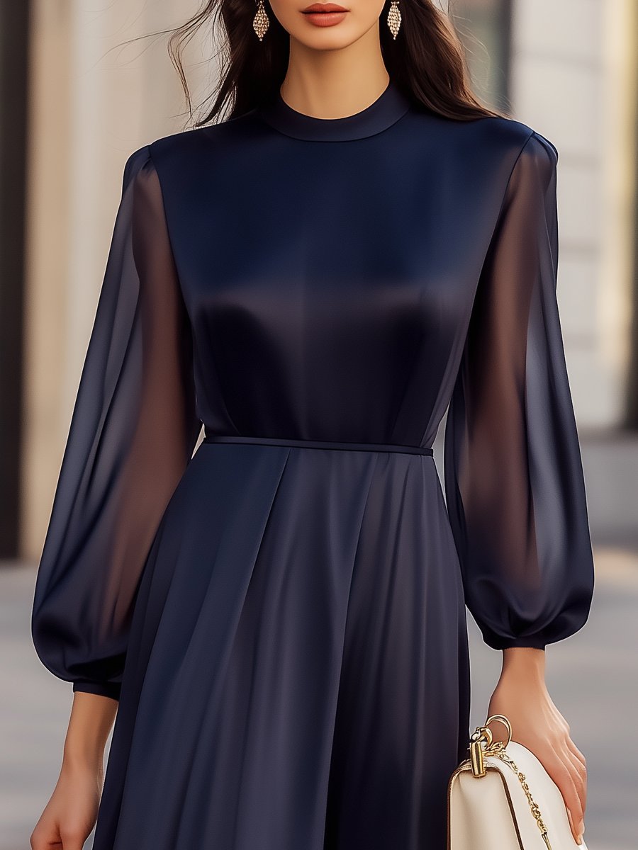 Olivia Bennet | Navy Sheer-Sleeve Chiffon Dress