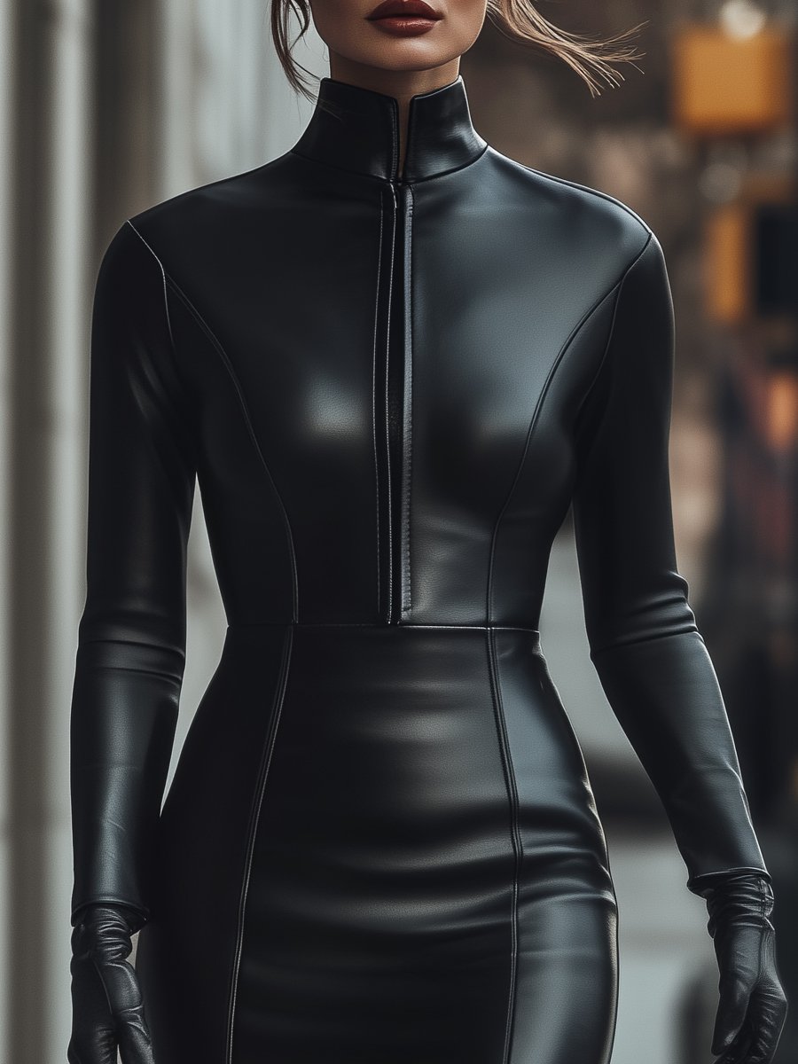 Olivia Bennet | Black Zip-Up Faux Leather Dress