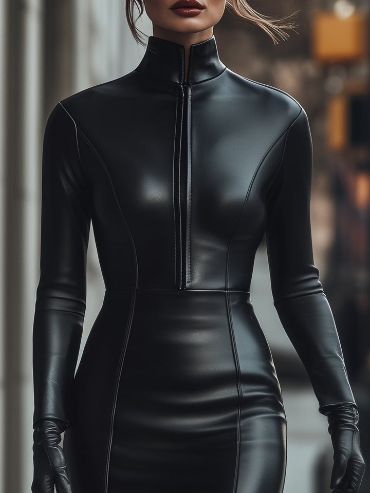 Olivia Bennet | Black Zip-Up Faux Leather Dress