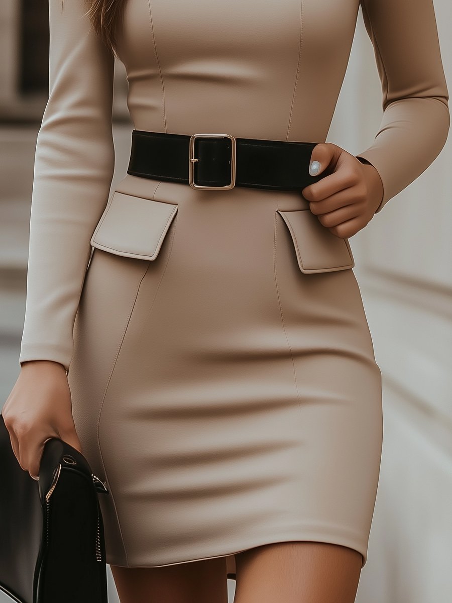 Olivia Bennet | Beige Turtleneck Belted Bodycon Dress