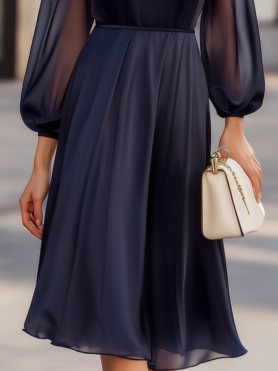 Olivia Bennet | Navy Sheer-Sleeve Chiffon Dress
