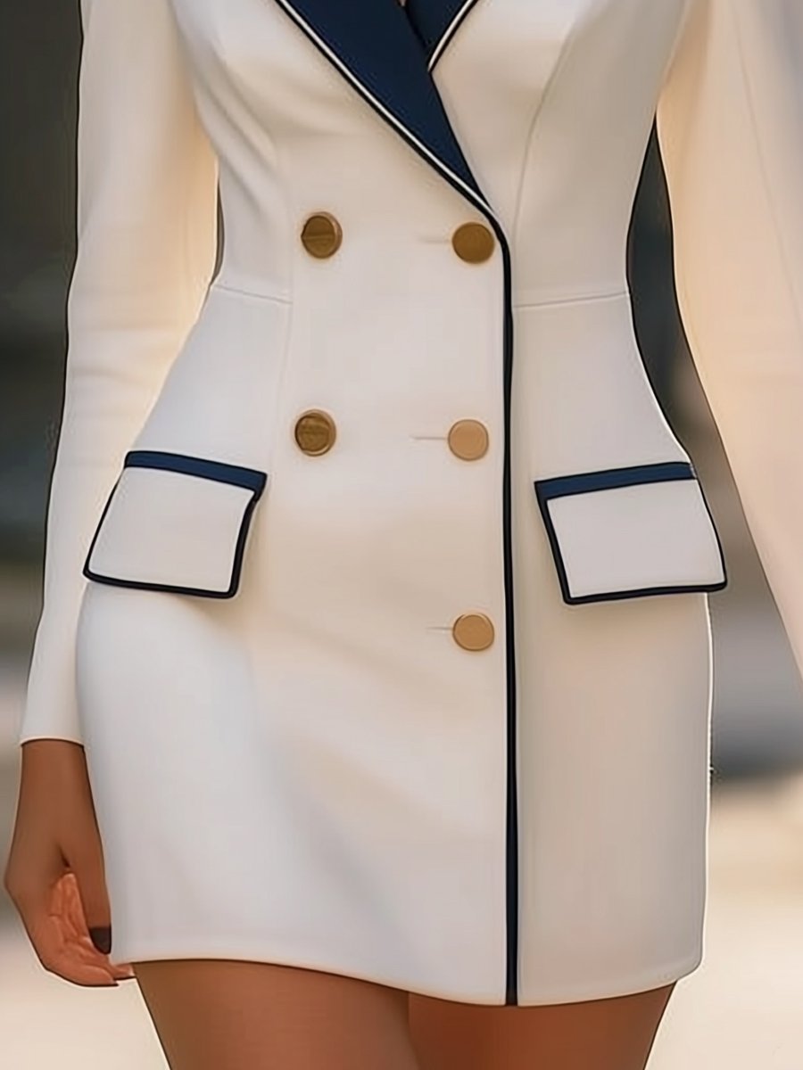 Olivia Bennet | White Double-Breasted Navy-Lapel Blazer Dress