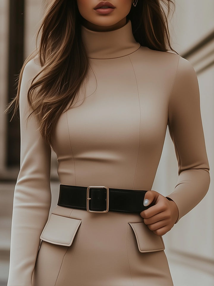 Olivia Bennet | Beige Turtleneck Belted Bodycon Dress