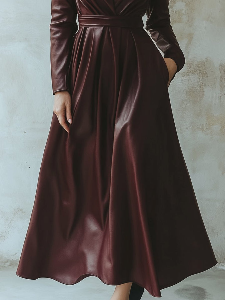 Olivia Bennet | Burgundy Belted Leather Midi Dress