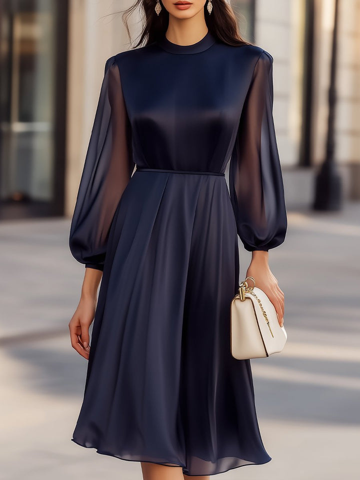 Olivia Bennet | Navy Sheer-Sleeve Chiffon Dress