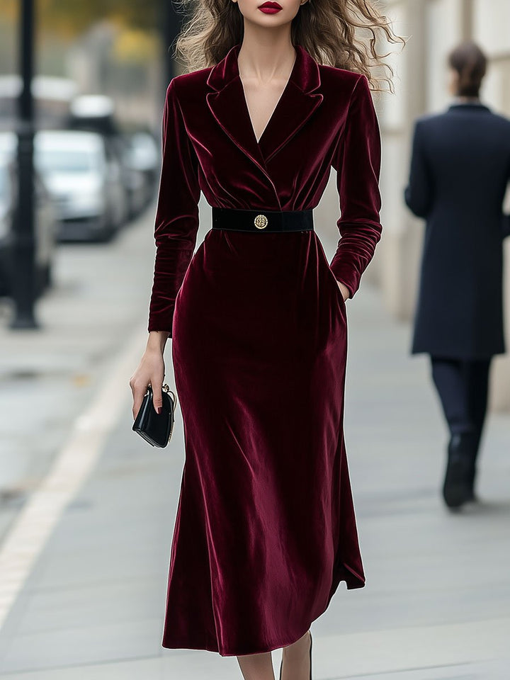 Olivia Bennet | Midnight Long-Sleeve Gold-Trim Velvet Dress