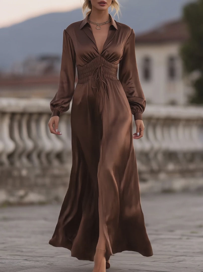 Olivia Bennet | Olivia Bennet Satin Cinched Waist Maxi Dress In Mocha Brown