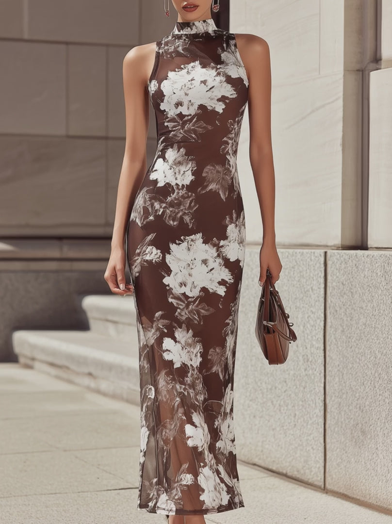 Olivia Bennet | Elegant Brown White Ink Floral Print Mesh Sleeveless Maxi Dress