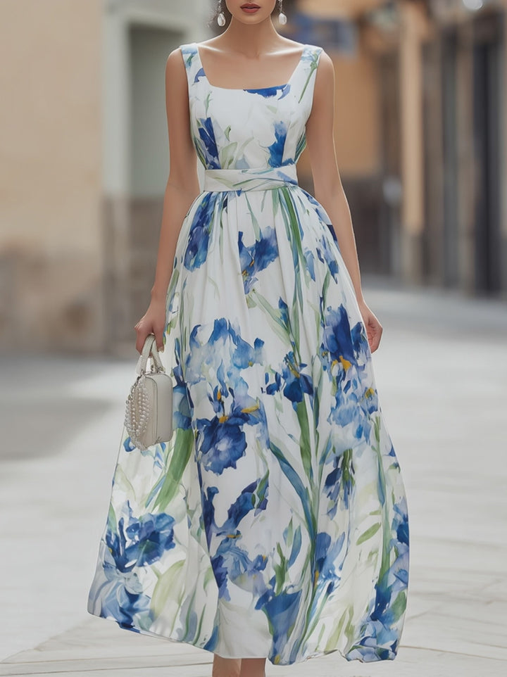 Olivia Bennet | Elegant Watercolor Iris Print Square Neck Maxi Dress