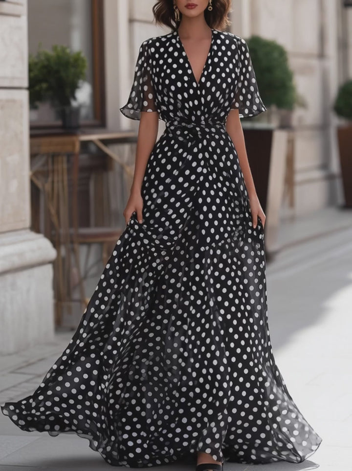 Olivia Bennet | Polka Dot Chiffon V-Neck Maxi Dress