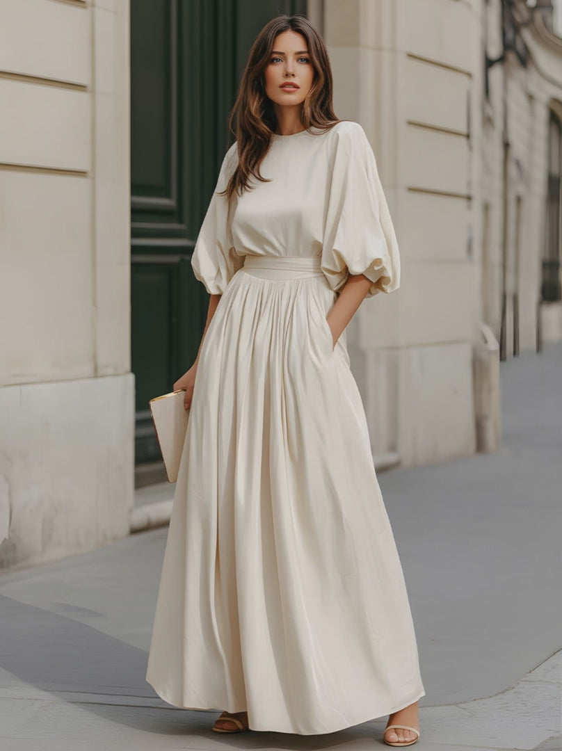Olivia Bennet | Round Neck Puff Sleeve Gathered Waist Maxi Dress