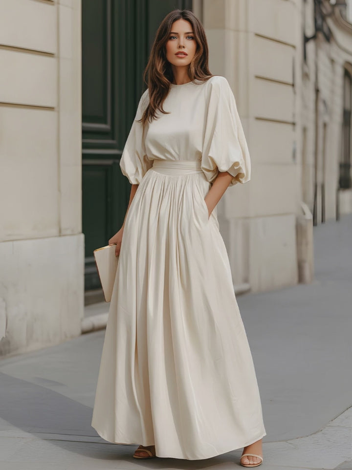 Olivia Bennet | Round Neck Puff Sleeve Gathered Waist Maxi Dress