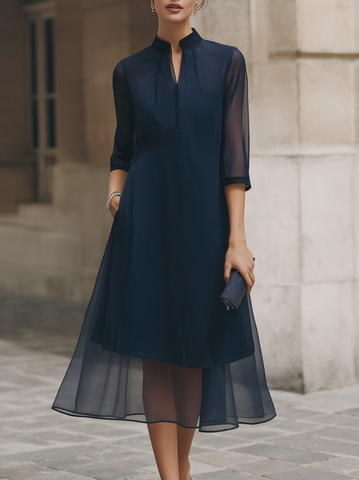 Olivia Bennet | Mandarin Collar Sheer Overlay Midi Dress