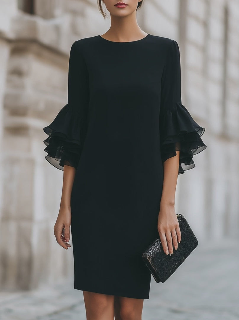 Olivia Bennet | Black Dress With Ruffled Sheer Sleeves