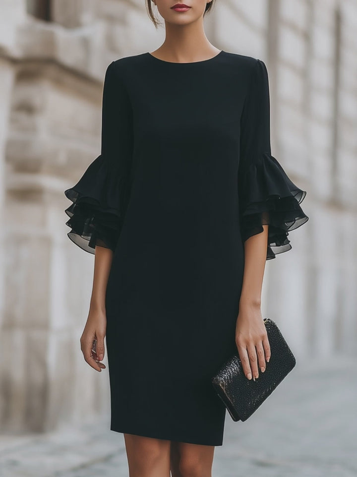 Olivia Bennet | Black Dress With Ruffled Sheer Sleeves