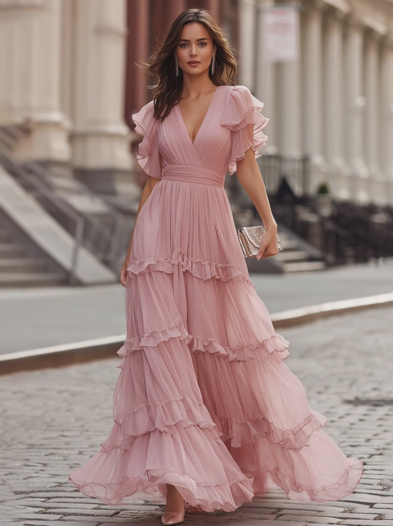 Olivia Bennet | Ruffled V-Neck Tiered Maxi Dress