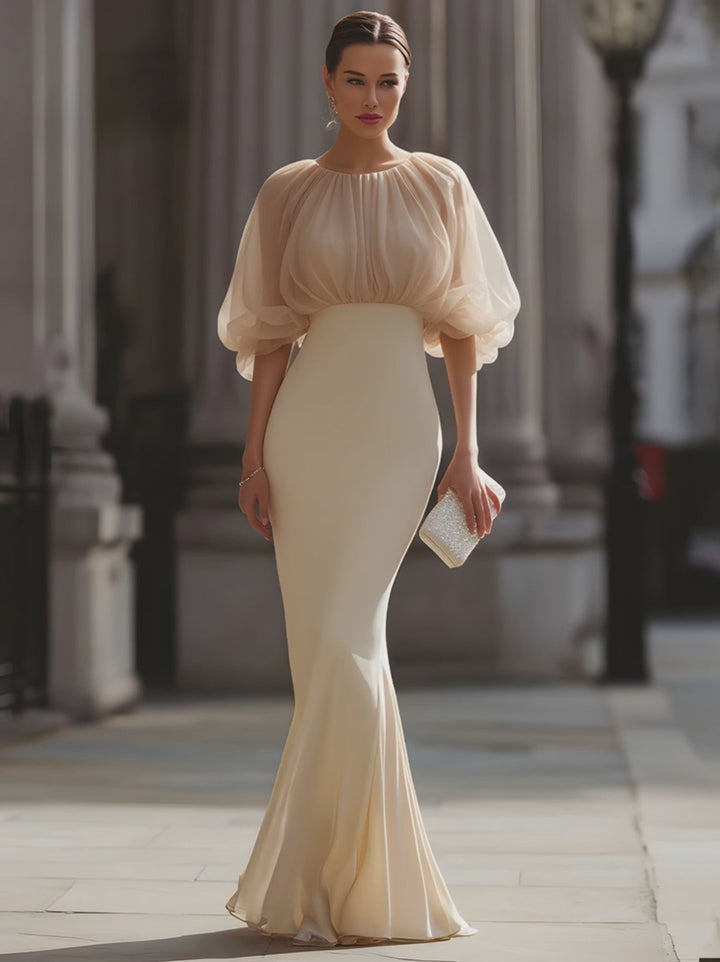 Olivia Bennet | Gathered Sheer Sleeve Mermaid Evening Dress