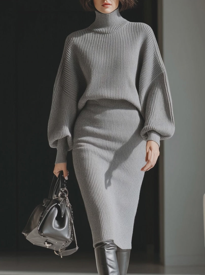 Olivia Bennet | Gray Ribbed Turtleneck Batwing Sweater Dress