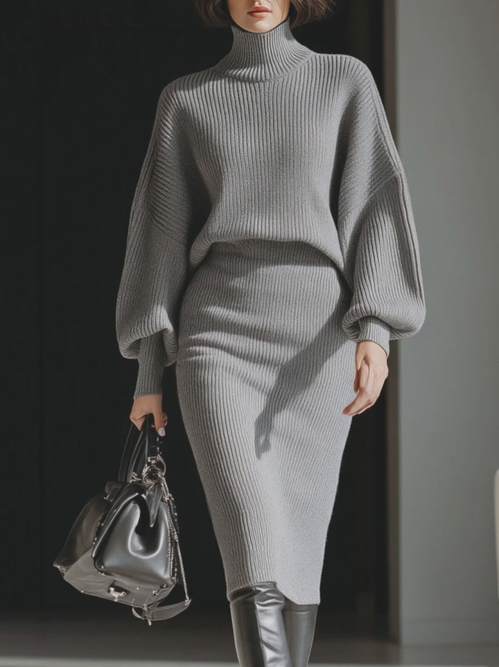 Olivia Bennet | Gray Ribbed Turtleneck Batwing Sweater Dress