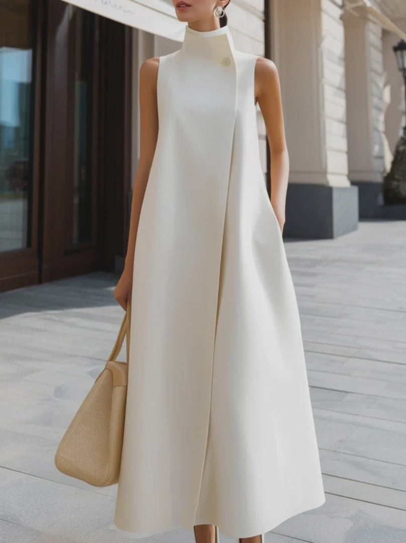 Olivia Bennet | Asymmetric High-Neck Flowing A-Line Maxi Dress