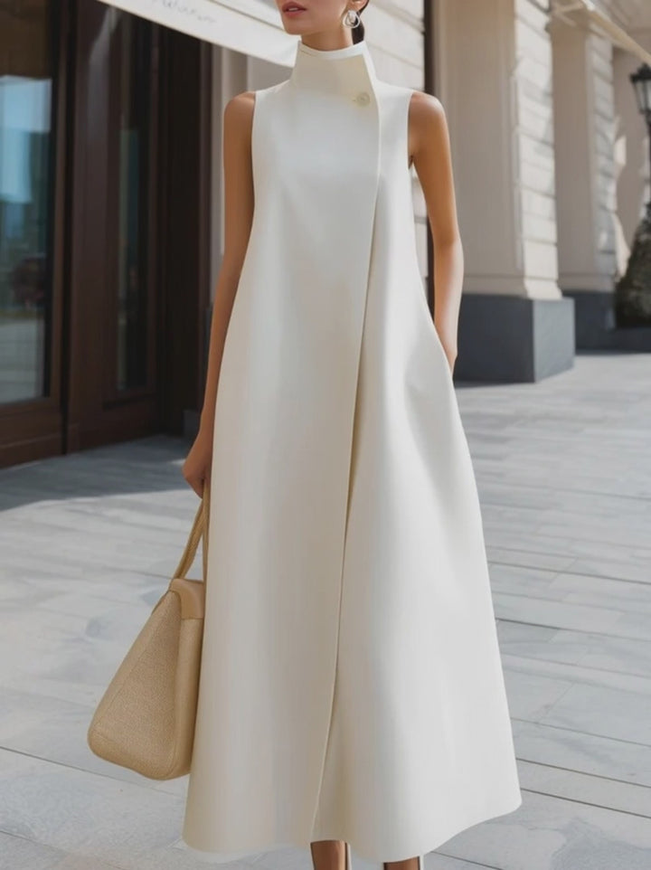 Olivia Bennet | Asymmetric High-Neck Flowing A-Line Maxi Dress