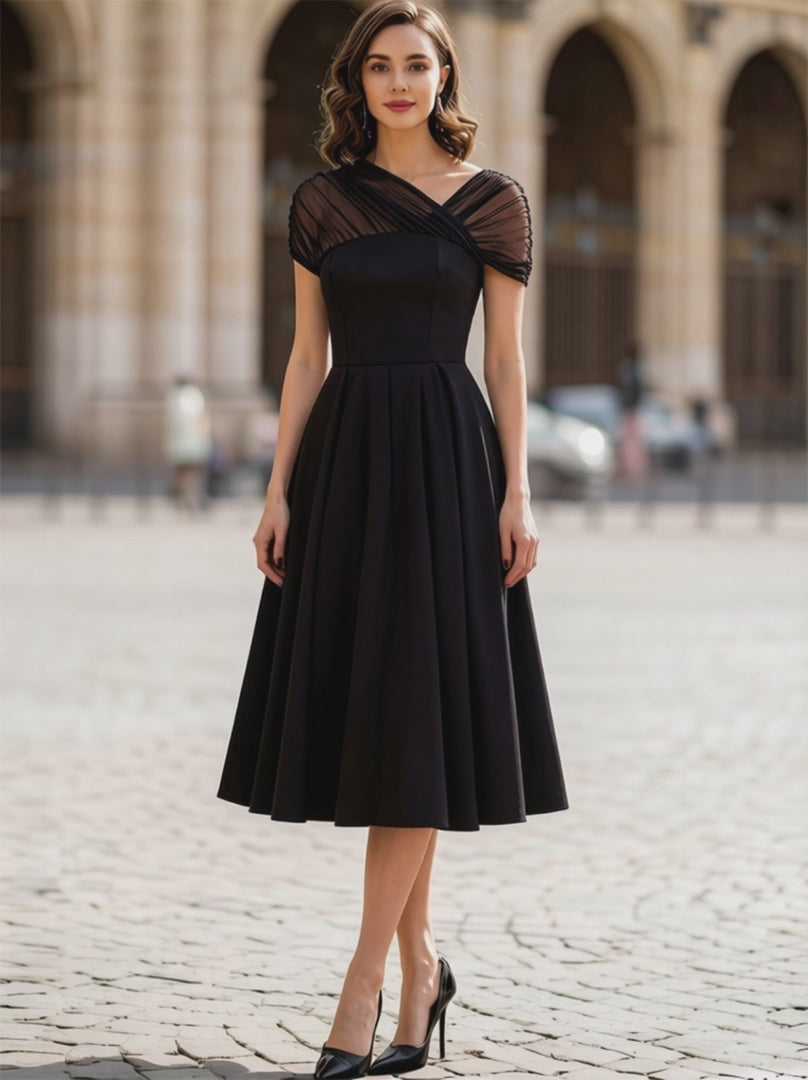 Olivia Bennet | Black Sheer Tulle Cap Sleeve Pleated Fit-and-Flare Midi Dress