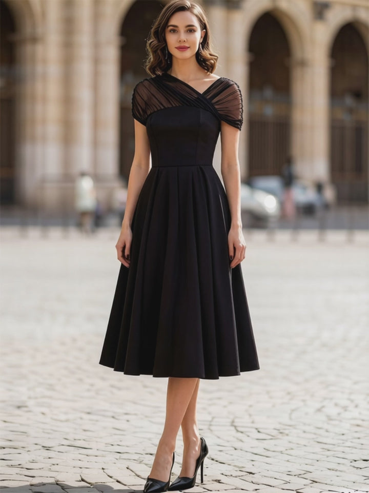 Olivia Bennet | Black Sheer Tulle Cap Sleeve Pleated Fit-and-Flare Midi Dress