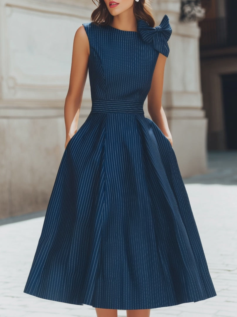 Olivia Bennet | Bow Shoulder Pinstripe A-Line Midi Dress