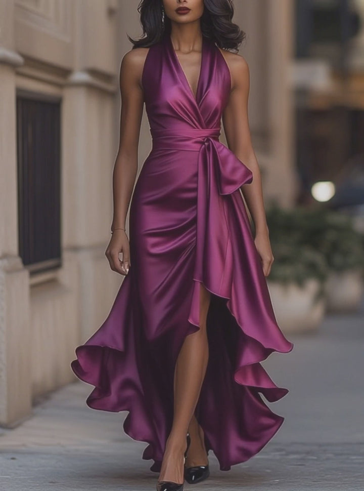 Olivia Bennet | Midnight Elegance Satin Halter Ruffle Gown