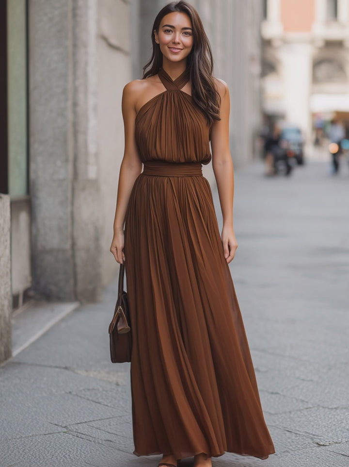 Olivia Bennet | Cross Halter Pleated Waist Flowing Maxi Dress