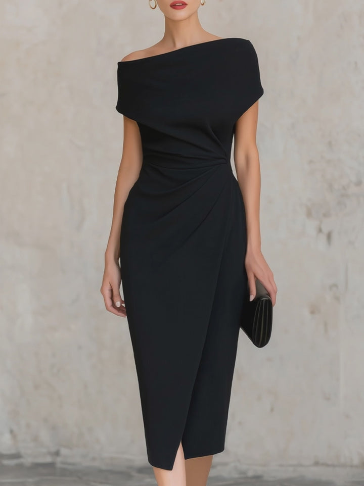 Olivia Bennet | Minimalist Black Asymmetric One-Shoulder Midi Dress