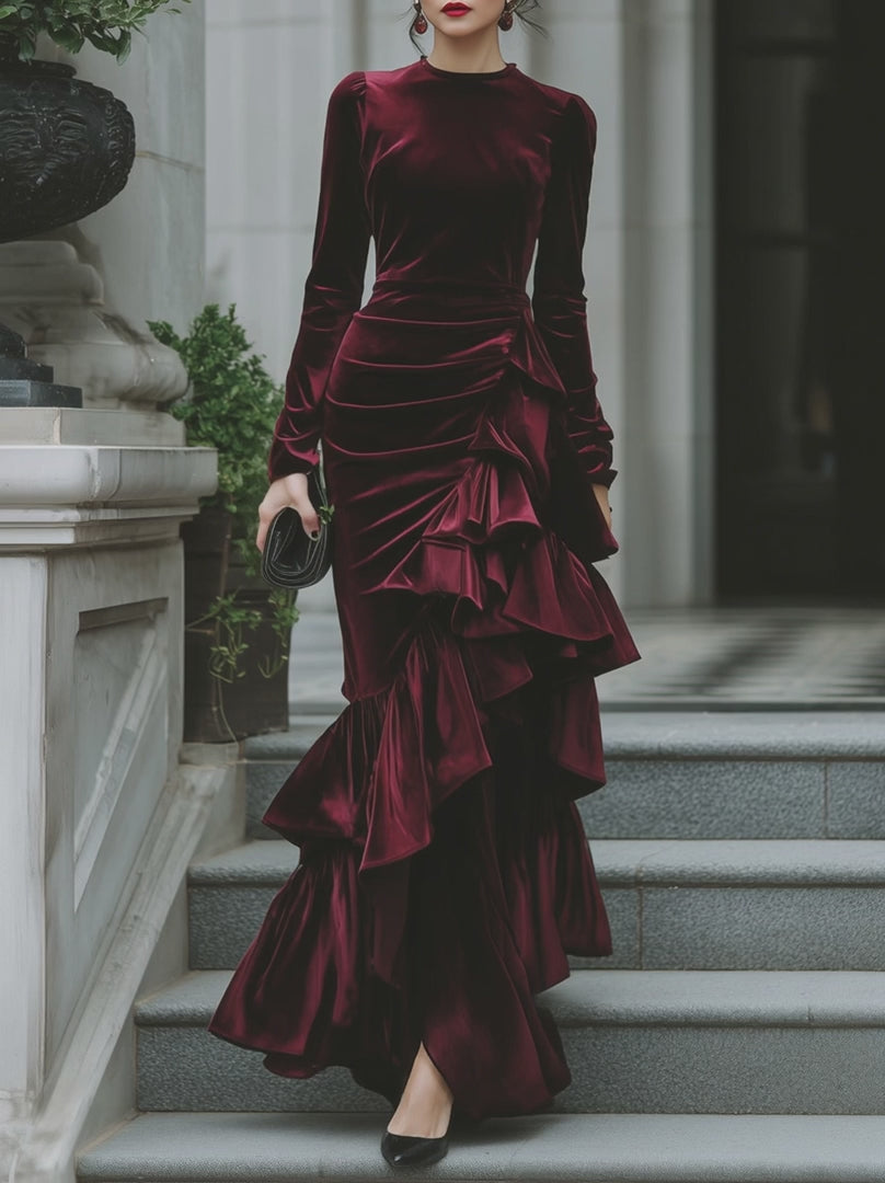 Olivia Bennet | Long Sleeve Ruffled Tier Evening Gown