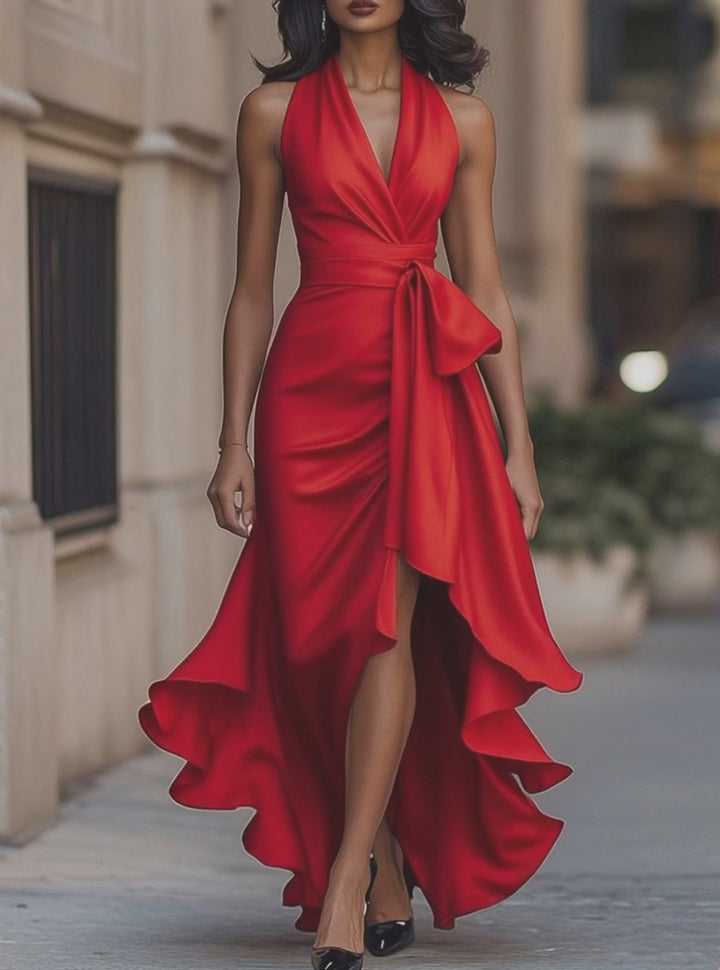 Olivia Bennet | Midnight Elegance Satin Halter Ruffle Gown