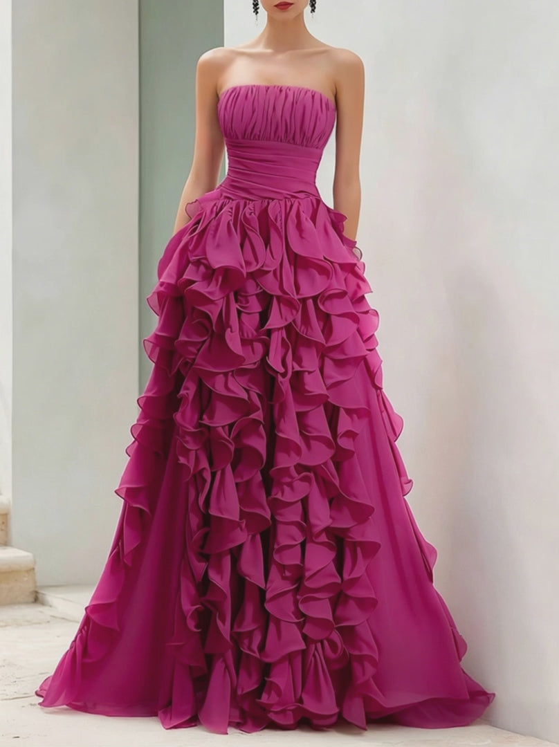Olivia Bennet | Strapless Magenta Ruffled Ball Gown