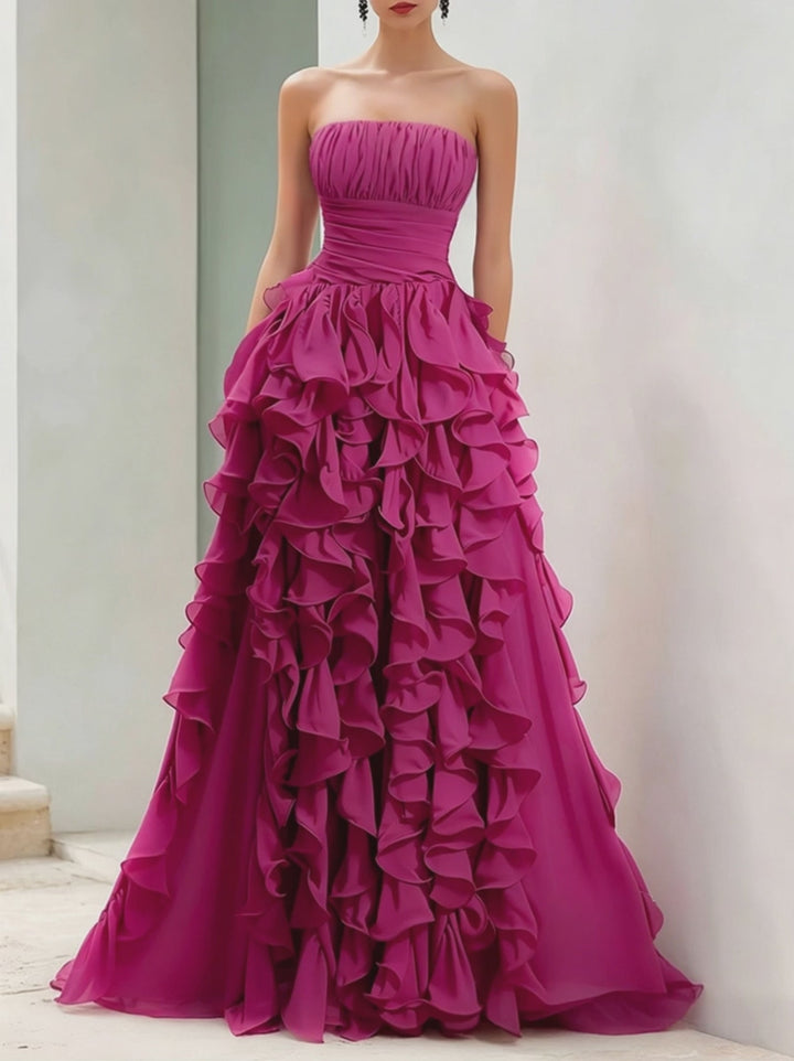 Olivia Bennet | Strapless Magenta Ruffled Ball Gown
