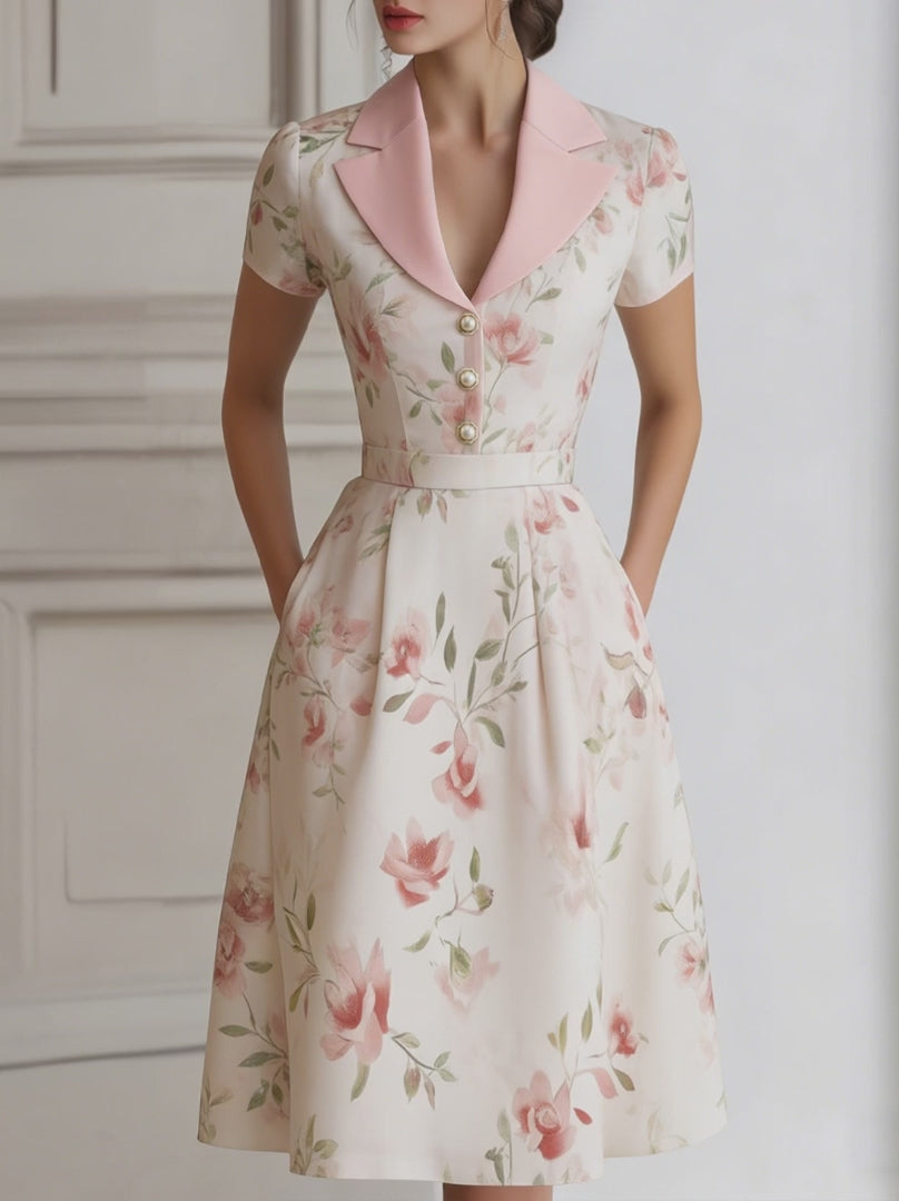 Olivia Bennet | Floral Lapel Short Sleeve Midi Dress With Tailored Waist