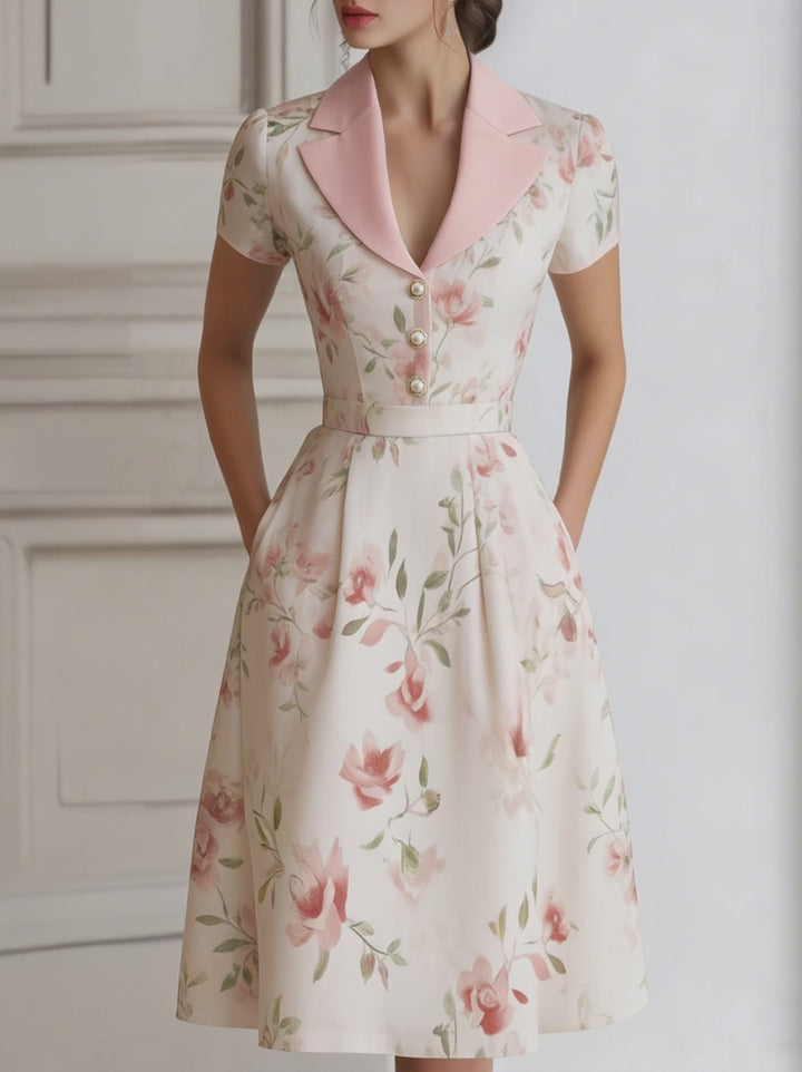 Olivia Bennet | Floral Lapel Short Sleeve Midi Dress With Tailored Waist