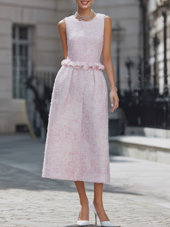 Olivia Bennet | Elegant Pink Tweed Sleeveless Midi Dress