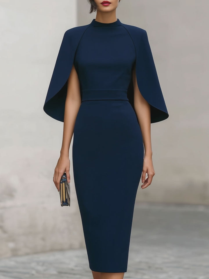Olivia Bennet | Elegant Navy Cape-Sleeve Midi Dress
